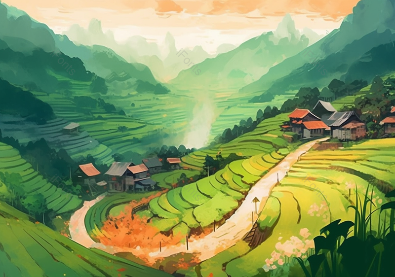 村庄梯田道路手绘场景,插画/手绘图,插画/手绘图库,插画/手绘图下载,插画/手绘